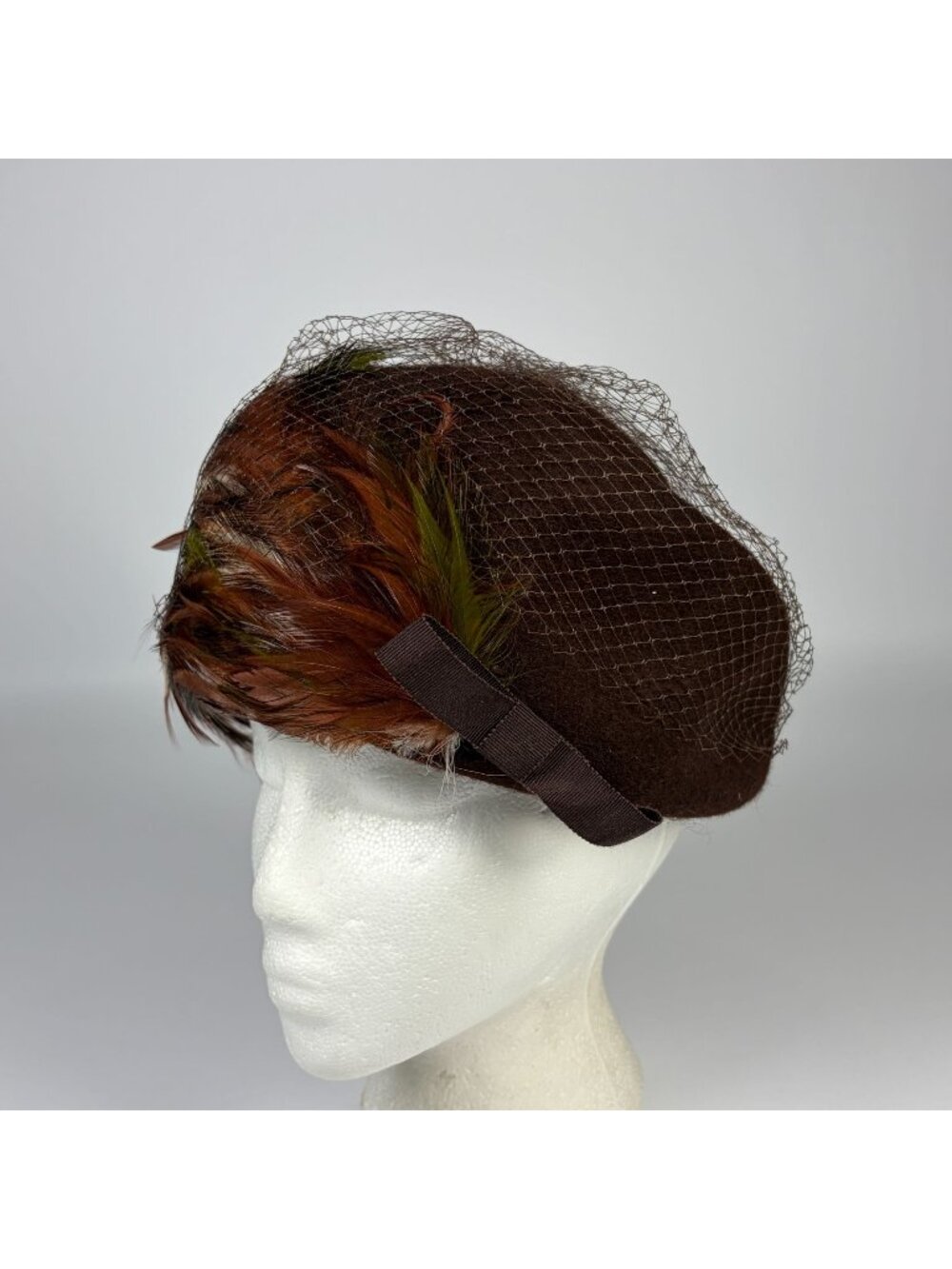 Vintage Melosoie Brown Feathered Felt Pillbox Hat Netting Bow Accent